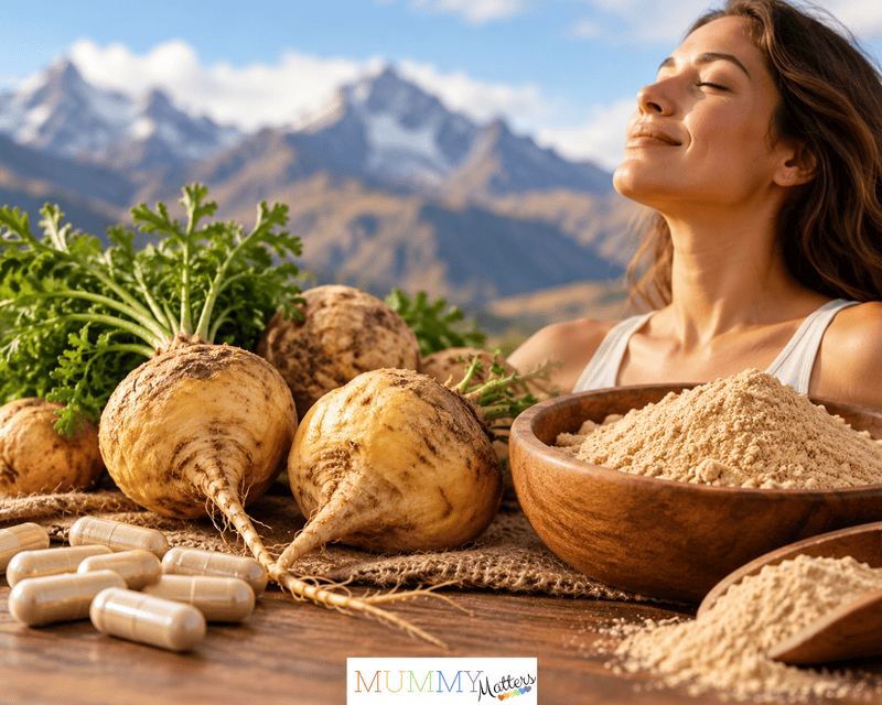 Maca root, maca powder and capsules representing the potential benefits of maca for women’s health and wellbeing.