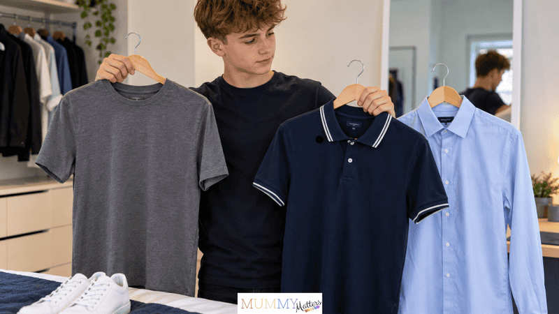 Teenage boy choosing between a T-shirt, polo shirt and smart shirt for his first job interview