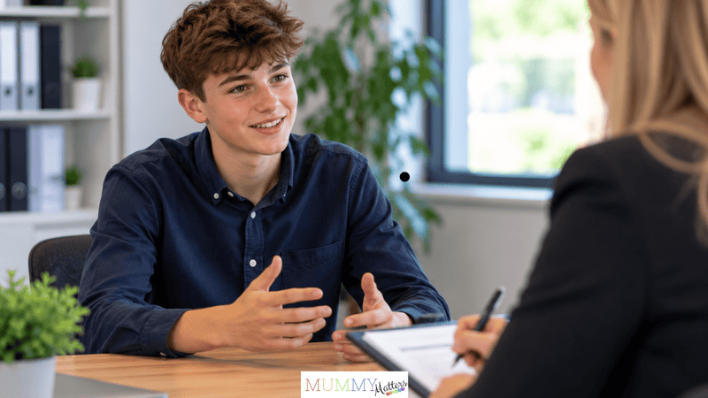 Teenage boy discussing his strengths with an interviewer, illustrating first job interview tips for teenagers.