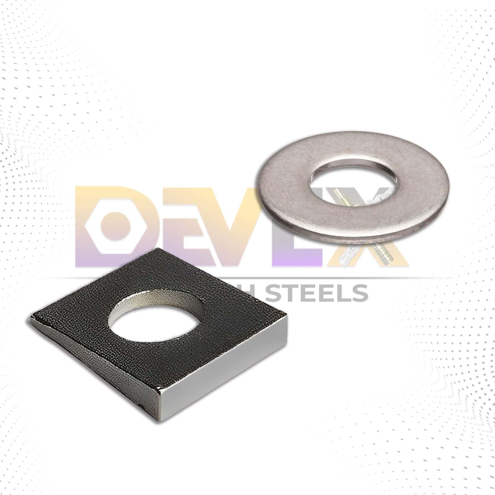Steel plain washer and taper washer used in machinery assembly for secure fastening and load distribution.