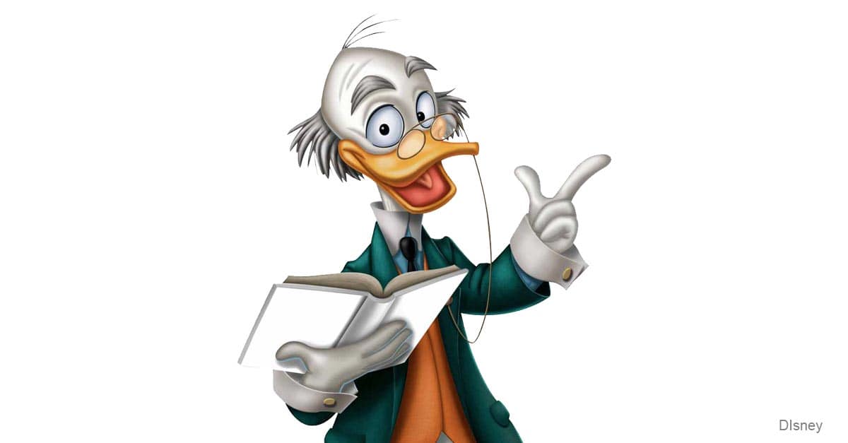 Donald Duck dressed in a suit, cheerfully flashing a peace sign and holding a book, ready to reveal princess secrets at Disneyland.
