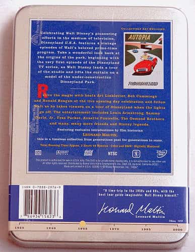 Disney DVD tin back cover with Autopia stamp, Leonard Maltin’s signature—collectible magic for Disney Parks and nostalgia fans.