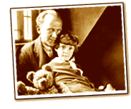 Vintage-style photo featuring a Pooh Bear plush with a man and child, echoing classic Hundred Acre Wood magic indoors.