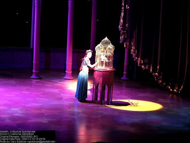 Jasmine in a dazzling costume stands by a golden birdcage on stage, spotlighted in an Aladdin-inspired live show.