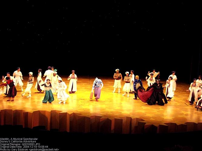 Aladdin musical at Disney’s stage, featuring dazzling costumes and golden sets—an unforgettable show for theme park guests.