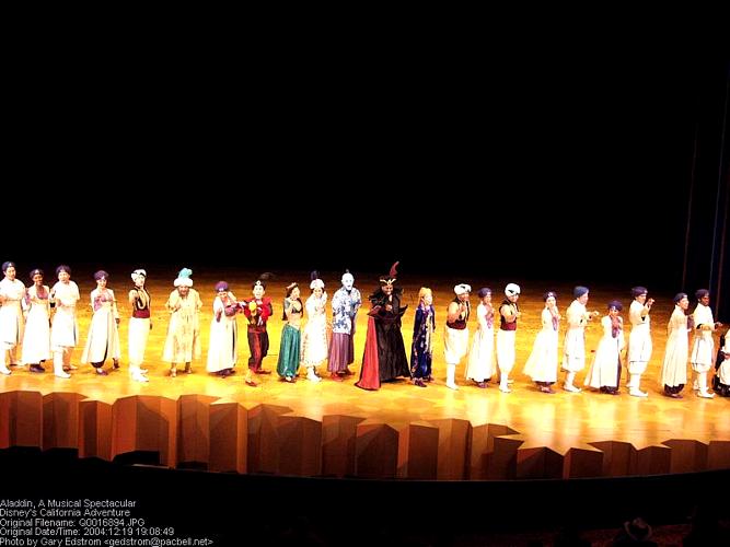 Aladdin cast in vibrant costumes lines up onstage at Disney’s Hollywood Studios, holding hands and bowing after a dazzling show.
