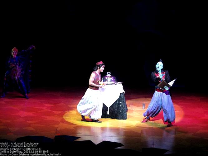Aladdin, Genie, and Jafar bring the magic of Aladdin to life on stage under a spotlight, delighting theme park guests.