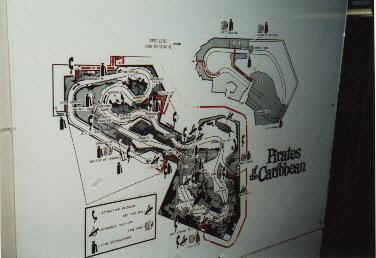 Pirates of the Caribbean Disneyland map highlighting ride layout, guest pathways, and behind-the-scenes attraction areas.