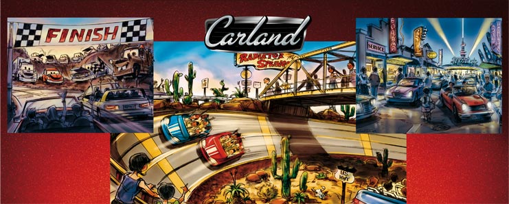 Cars Land scenes with a Radiator Springs race finish, iconic bridge, and lively downtown, all radiating Disney Parks excitement.