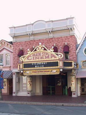 Main Street Cinema on Main Street, U.S.A. displays a "Steamboat Willie" marquee, a favorite Disneyland photo op for fans.