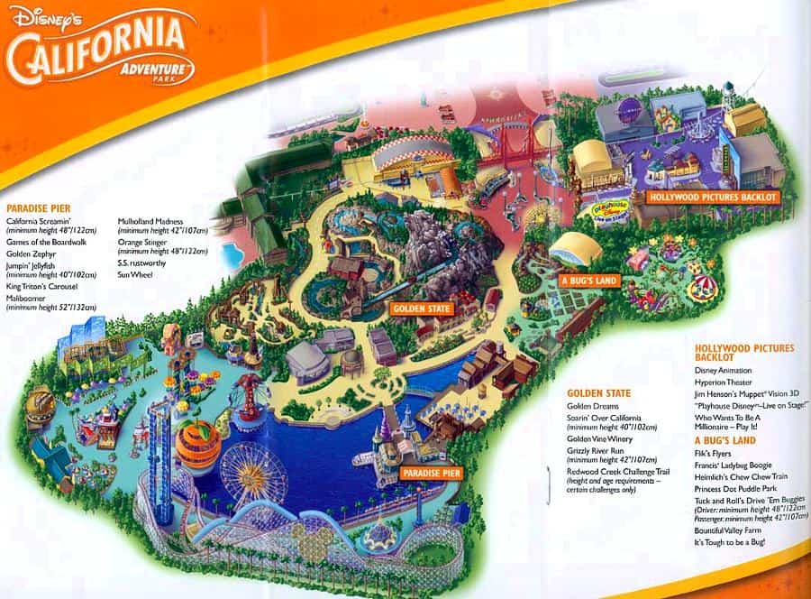 Vibrant map of Disney California Adventure Park highlighting immersive lands, must-ride attractions, and signature experiences.
