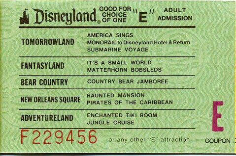 Disneyland’s iconic green E ticket with admission details and park favorites like Finding Nemo across themed lands.