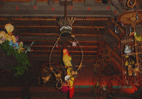 Animatronic parrots on swings beneath a tropical Adventureland ceiling, bringing classic Disneyland magic to life.