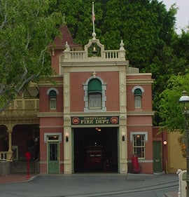 Disneyland Fire Dept’s iconic brick firehouse with its signature green door on Main Street, USA, Disneyland.