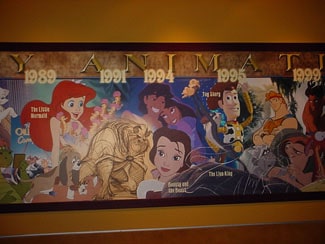 Beloved Disney characters from 1989–1999 films come to life on a dazzling animation mural, perfect for theme park fans.