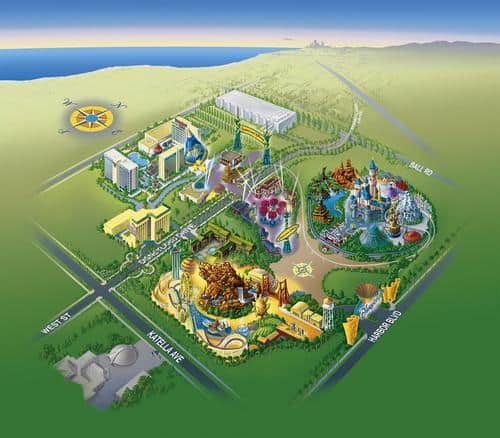 Map of a Disneyland-inspired theme park with rides, attractions, and hotels nestled along a picturesque coastline.