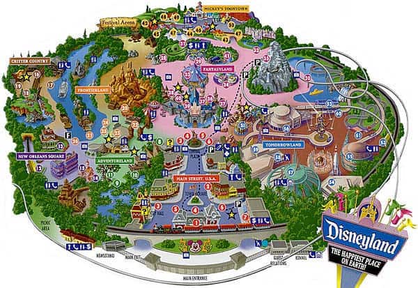 Vibrant map of Disneyland highlighting iconic lands, classic attractions, and entrance routes—ideal for Disney history enthusiasts.