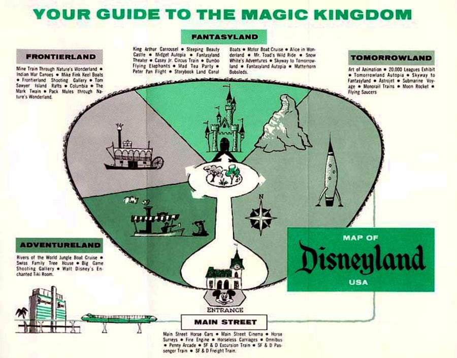 Classic illustrated Disneyland map showcasing Main Street, Fantasyland, Adventureland, Frontierland, and Tomorrowland for park fans.