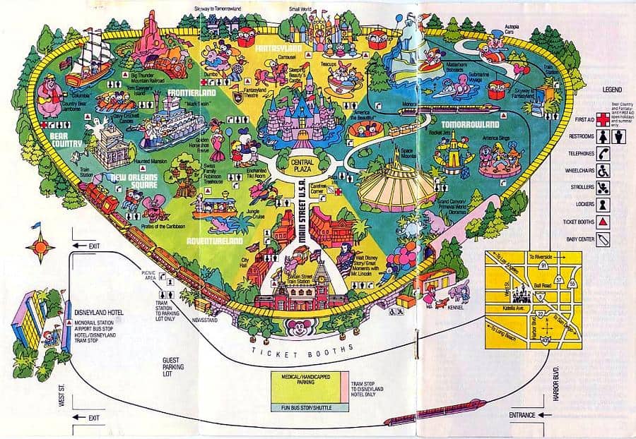 Vivid Disneyland park maps showcase immersive themed lands, iconic attractions, and winding walkways around Central Plaza.