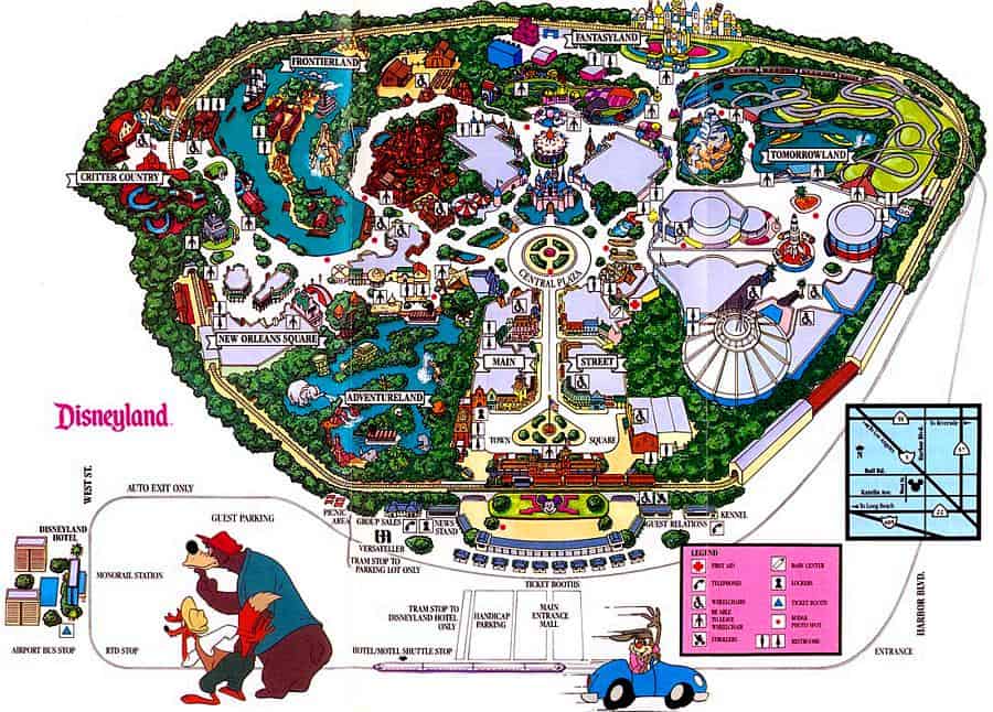 Vivid Disneyland maps spotlight immersive lands, iconic attractions, winding walkways, and the inviting main gateway.
