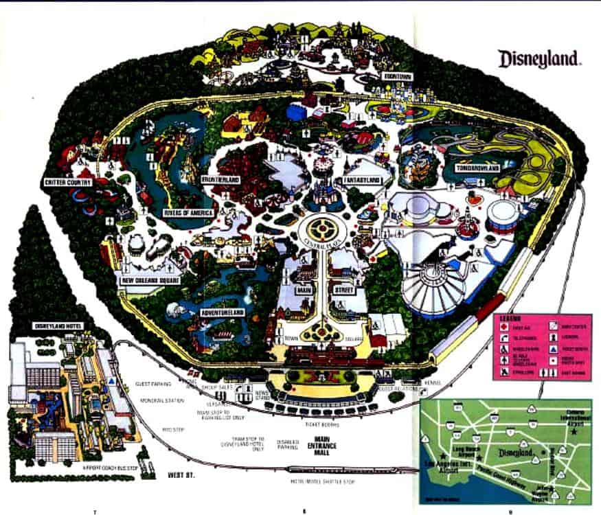 Vibrant Disneyland Park map with iconic themed lands, attractions, and handy legend bottom right for park explorers.