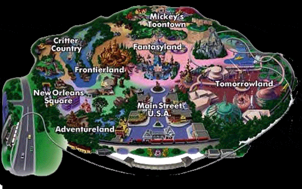 Vibrant Disneyland map highlighting iconic lands—Adventureland, Tomorrowland, Fantasyland—and signature park attractions.