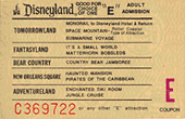 Disneyland E ticket featuring icons like Space Mountain and Pirates, historic lineup changes, bold "E" on the right side.