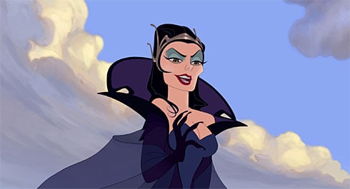 A glamorous Disney villainess with bold makeup and a flowing dark cloak poses confidently beneath stormy skies, channeling Enchanted.