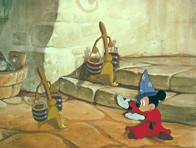 Mickey Mouse dons his wizard hat as enchanted brooms march with water buckets, bringing Disney’s Fantasia magic to life.