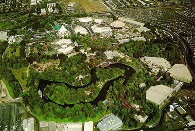 Aerial view of Disneyland’s iconic attractions, winding rivers, lush trees, and packed parking lots alive with theme park excitement.