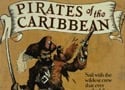 Classic "Pirates of the Caribbean" sign with sword-wielding pirate, stylized lettering, and scrollwork from the iconic attraction.