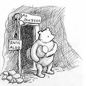 Winnie the Pooh stands at his iconic cave entrance with "Mr. Sanders" and "RNIG ALSO" signs, reminiscent of Disneyland attractions.