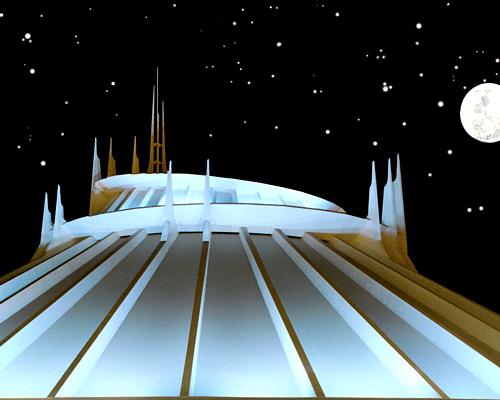 Space Mountain’s gleaming spires shine beneath a star-filled sky and full moon, celebrating its legendary Disney park legacy.
