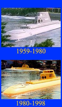 Gray submarine (1959–1980) and yellow submarines (1980–1998) glide through water on Disneyland’s Finding Nemo Submarine Voyage.