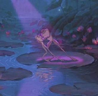 Frogs from the Fairy Tale Revue swirl atop a lily pad, bathed in purple stage lights on Enchanted Lagoon at night.
