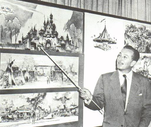Walt Disney in a suit presents his legendary castle design, evoking the excitement of early Disney theme park visions.
