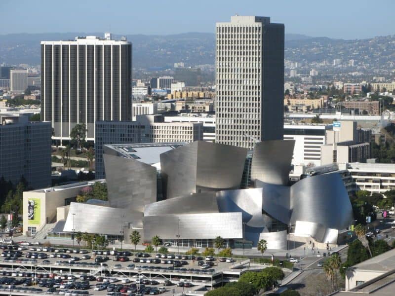 The shiny, futuristic Walt Disney Concert Hall dazzles like a Disney attraction amid downtown LA’s sleek skyscrapers.