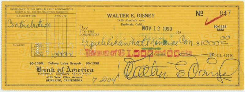 A yellow check signed by Walt Disney in 1959, made out for $1,000, brings a piece of Disney magic to collectors.
