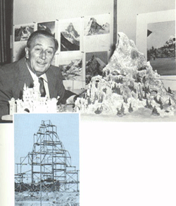 Disney Imagineer poses with a model of the Matterhorn; sketches line the wall, and inset reveals Matterhorn being built.