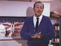 A Disney Cast Member in a blue cardigan and tie presents enthusiastically, with shelves of Disney character art behind him.