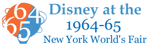 Disney at the 1964-65 New York World's Fair logo, with a vibrant orange-and-blue globe and tribute to Disneyland magic since 1955.