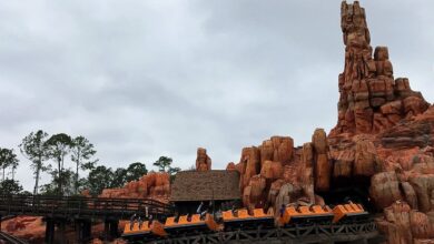 The Big Thunder Mountain Railroad coaster speeds along red rock tracks beneath swirling clouds at Magic Kingdom.