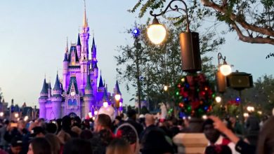Evening crowds gather before Cinderella Castle at Magic Kingdom, glowing with lights amid trees and streetlamps.