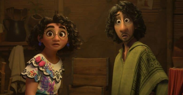 Two animated guests with curly hair react in awe inside a themed wooden lodge filled with immersive, rustic décor.