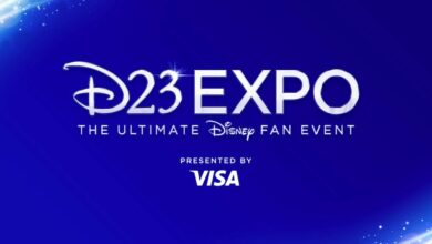 D23 Expo logo on a blue background, featuring "The Ultimate Disney Fan Event, Presented by Visa" for Disney enthusiasts.