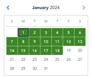 January 2024 Disney Park calendar, days 1–18 in green for Park Pass booking; January 1 spotlighted with a dark blue outline.