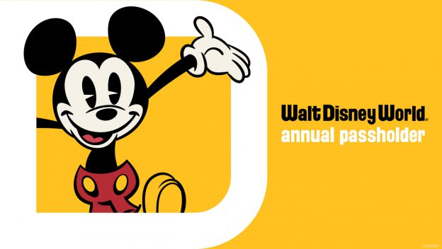 Mickey Mouse greets Disney fans, waving beside "Walt Disney World annual passholder" text on a bright yellow background.
