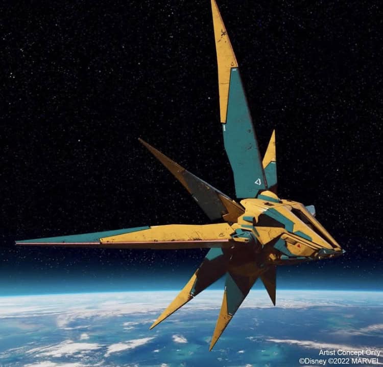 The Guardians of the Galaxy: Cosmic Rewind ship, bold in yellow and teal, orbits high above Earth with dramatic pointed wings.