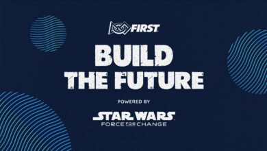FIRST Build the Future, presented by Star Wars Force for Change, glowing over a galaxy-inspired dark blue backdrop with orbs.