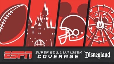 Super Bowl LVI festivities at Disneyland Resort, blending football excitement with magical Disney icons and attractions.